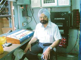 Jatinder Brar, the builder of Naatshala, at the control panels of the theatre