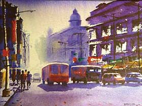 One of the water colour paintings by a Kolkata-based artist on display at IndusInd Art Gallery, Sector 8, Chandigarh