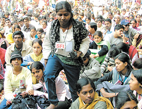 SFI activists protesting against the privatisation of education at Parliament Street in New Delhi on Thursday