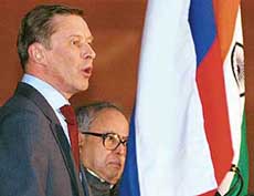 Defence Minister Pranab Mukherjee with his Russian counterpart Sergei Ivanov at a joint press conference in New Delhi on Thursday. 