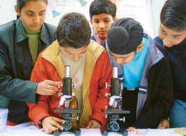 Students of St Kabir Public School, Sector 26, examine samples of drinking water at a childrens Science Congress in Chandigarh on Friday.