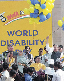 Delhi Chief Minister Sheila Dikshit releasing baloons to celebrate the World Disability Day at India Gate in the Capital.