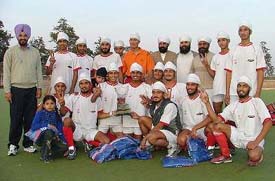 Players of Namdhari XI, Bhaini Sahib, after winning the third All- India Jagtar Singh Memorial Hockey Tournament in Ludhiana on Friday