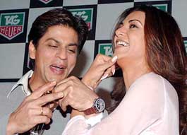 Bollywood stars and first brand ambassadors of Tag Heur, Shahrukh Khan and Sushmita Sen, launch a new watch model, Carrera, in Jaipur on Sunday.