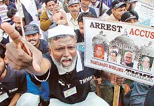 Muslims from Tamil Nadu raise slogans as they demand the reconstruction of Babri Masjid that was demolished in Ayodhya in 1992. 