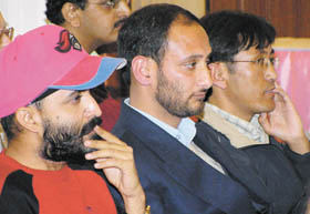 Pradeep Dutta from Jammu, Khursheed Wani from Srinagar and Tsewang Rigzin from Ladakh, who were awarded the Charkha-Sanjoy Ghose Fellowship for Peace & Development, at a function in the Capital