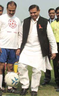 Delhi Health Minister Yoganand Shastri inaugurating a football match between HIV (Positive) and HIV (Negative) at Ambedkar Stadium in the Capital. 