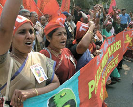 Activists of All India Forward Bloc demonstrating against price rise and unemployment at Parliament Street in the Capital on Wednesday. 