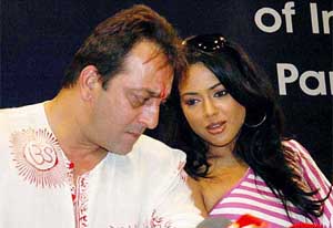 Bollywood stars Sanjay Dutt and Sameera Reddy at a press conference