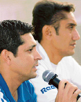 Mr Dheeraj Malhotra and Mr Sukhwinder Bawa at a press conference of the 'ESPN Scorpio Speedster' in DAV Senior Secondary School, Sector 8, Chandigarh.