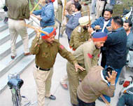 BJP workers being lathi charged by the police in Ludhiana on Friday