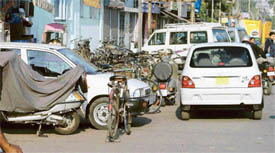 Haphazard parking of vehicles in the Ghumar Mandi market impedes traffic in the commercial centre in Ludhiana