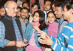 Film star Anupam Kher interacts with students of the Indian Theatre Department, Panjab University, Chandigarh, on Saturday. 