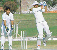 Tej Gobind of Quark Media XI, who was declared man of the match, hits a shot at the Cadence Corporate Cricket Challenge held at Tau Devi Lal Sports Complex, Sector-3, Panchkula on Sunday. 