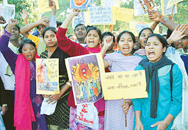 Members of the National Domestic Workers Movement protest near Catholic Church, Sector 19, Chandigarh, on Sunday. 