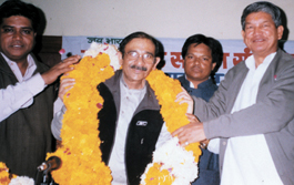 DPCC president Ram Babu Sharma being greeted in the Capital on Sunday.