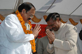 Mr M Venkiah Naidu, former BJP President, is welcomed by Chandigarh BJP chief Yashpal Mahajan in Sector 33