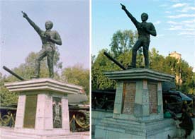 A file photo of the statue of Major Bhupinder Singh where plaques are seen intact; (right) the statue without the plaques in Ludhiana on Sunday