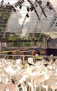 Policemen investigate the site of an explosion in Colombo