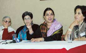 Dr Pam Rajput, Director Maya foundation, Feroza Mehrotra, Deputy Regional Programme Director Uniform South Asia, Dr Ranjana Kumari, Director Centre for Social Research, Delhi, and Benita Sharma at a press conference, in Chandigarh on Monday.