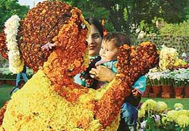 A mother with her child admires a flower-bedecked topiary during the Chrysanthemum show at the Terraced Garden, Sector 33, in Chandigarh on Monday. 