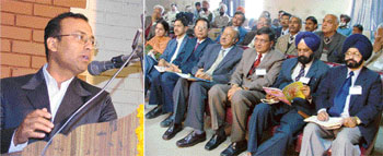 Dr Ashok Sharma speaks at the Dhanwantri Jayanti celebrations in Ludhiana on Sunday evening