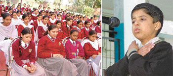 A student speaks at a declamation contest held at Everest Public School in Ludhiana