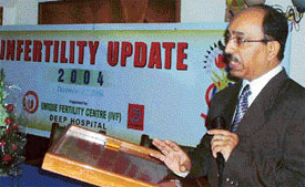 Dr Sanjay Makwana from Jodhpur speaks at a seminar on Infertility Update-2004 organised by Deep Hospital in Ludhiana on Sunday evening