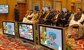 Prasar Bharati and other ministry officials at the launch of Indias first direct-to-home broadcasting service at PMs residence on Thursday. 