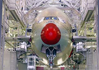 A view of 555-seat superjumbo Airbus A 380 assembly line in Toulouse, on Thursday. The first flight of the giant plane is scheduled for the beginning of 2005. 