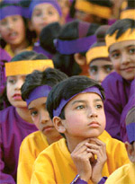 Children of St Soldier School, Phase-VII, Mohali, wait for their turn to perform in a cultural programme on Thursday.