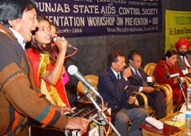 Special Secretary Health and Family Welfare, KBS Sidhu (extreme right), and Minister of Social Security and Welfare Gurkanwal Kaur at the Musafir Auditorium, Sector 24, on Friday.