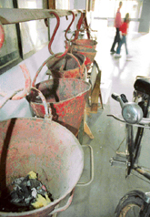 Empty sand buckets at in the Pharmacy Department of Panjab University, Chandigarh. 