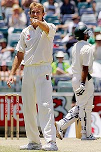 Australias Glenn McGrath celebrates after taking the wicket of Pakistans Shoaib Akhtar on the fourth day of the first Test at the WACA ground in Perth on Sunday.