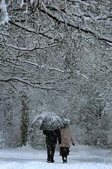 A couple take a walk in the snow