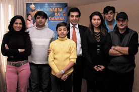 The film cast of Aabra ka Daabra - Archana Puran Singh, Naveen Baba, Athith, Dheeraj Kumar, Taira, Krisna and Anupam Kher - at a press conference in the Capital