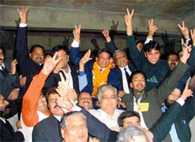 Mr Balwinder Goel with his supporters after being elected District Bar Association president in Ludhiana 