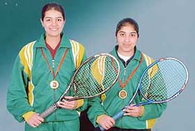 Alipt Sandhu and Simer Singh, who won the gold medal in the under-19 girls doubles event