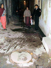 Dirty water overflows in the Pindi street, Ludhiana, due to a fault in a sewer pipe