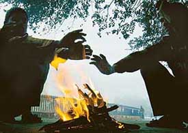 Rickshaw pullers sit around a fire to warm themselves as temperature dips to 13C in the city of Lucknow on Tuesday. 