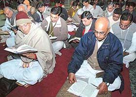 Devotees at a Gita Jayanti function at the Hare Krishna Dham, Sector 36-B, Chandigarh
