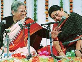 Vocalist Vasundhara Komkali and her daughter Kalapini perform at Bhavan Vidyalaya, Sector 15, Panchkula, on Thursday. 
