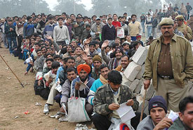 Hundreds of youths from all over Haryana line up at Panchkula Police Lines on Thursday for recruitment in the telecom wing of Haryana Police