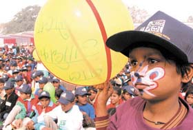 Schoolchildren celebrating Bal Adhikar Mela, organised by the Ministry of Social Justice and Empowerment at India Gate in the Capital