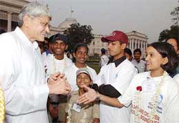 West Bengal Governor Gopalkrishna Gandhi with Pakistani and Indian under-privileged children at Raj Bhavan in Kolkata on Friday.