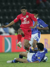Bahrain footballer Alaa Habail in action during the match for the third place against Kuwait in the 17th Arabian Gulf Cup in Doha on Thursday