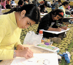 Schoolchildren during a painting competition on the occasion of 80th birth anniversary of former Prime Minister A. B. Vajpayee, organised by Aadharshila Vidiyapeeth at National Stadium in the Capital on Saturday.