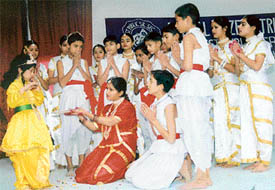 Children of Everest school present Saraswati Vandana in Ludhiana on Saturday