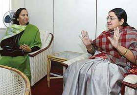 Anara Gupta's mother having a word with the Chairperson of the National Commission for Women, Ms Poorinima Advani, in New Delhi