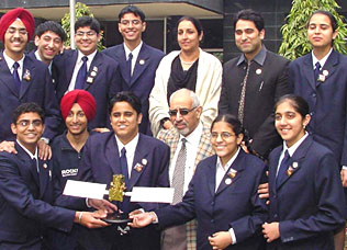 Students of Budha Dal School, Patiala, who had won the Asian leg of an international space settlement design competition, in Chandigarh, on Saturday.